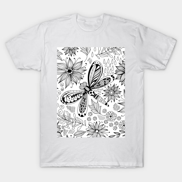 Dragonfly and flowers doodle T-Shirt by katerinamk